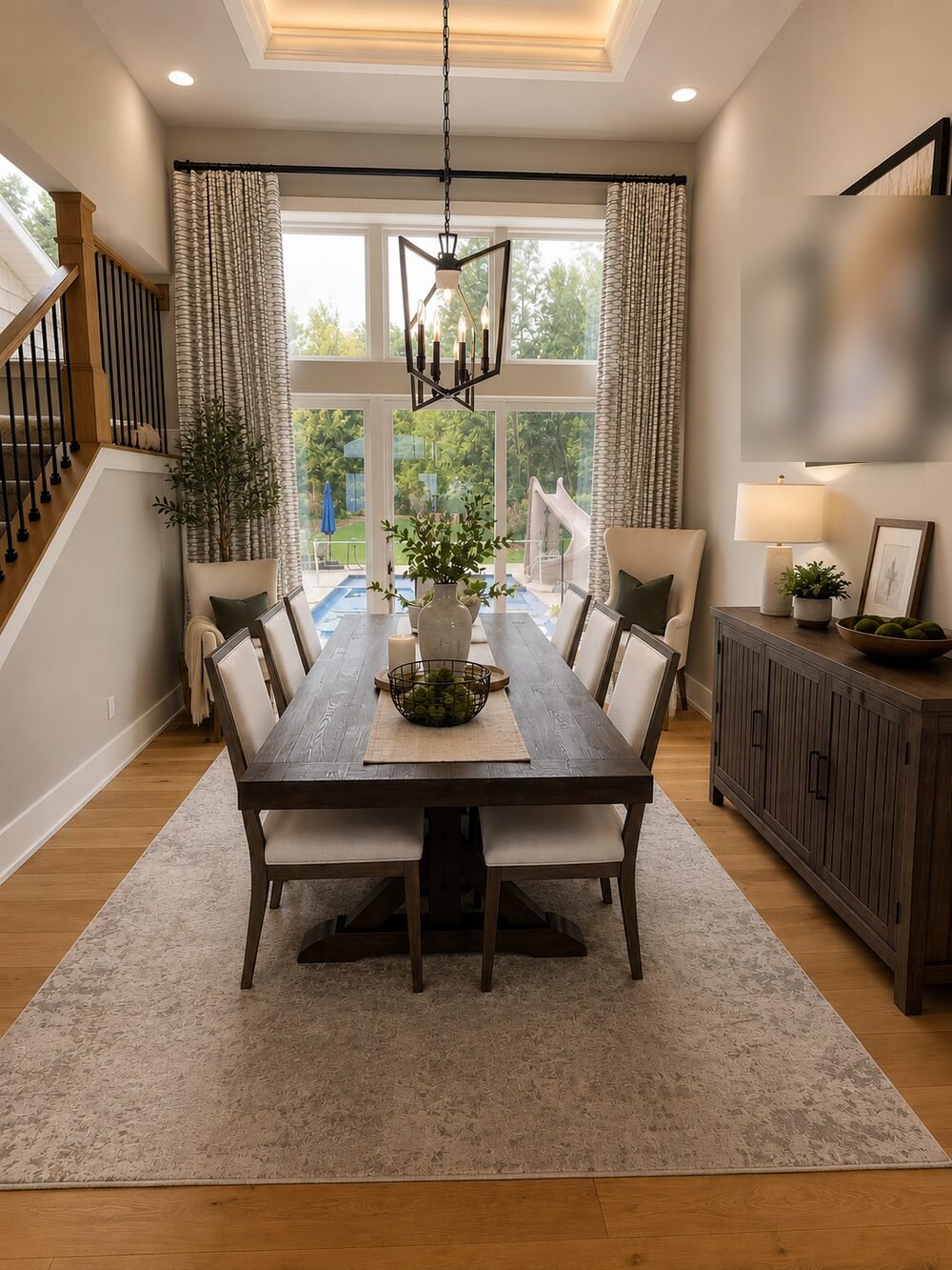After: dining room restyled with a buffet cabinet, a tall faux tree, and a layered centerpiece