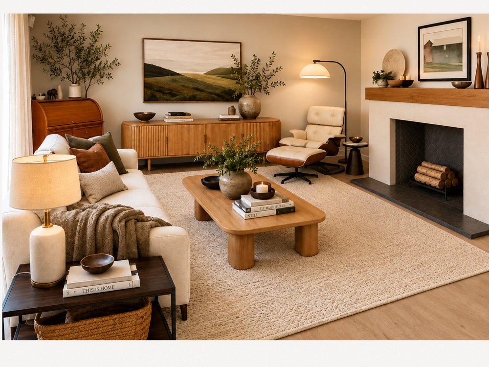 After: living room with new sofa, media console, and lounge chair around the same brick fireplace