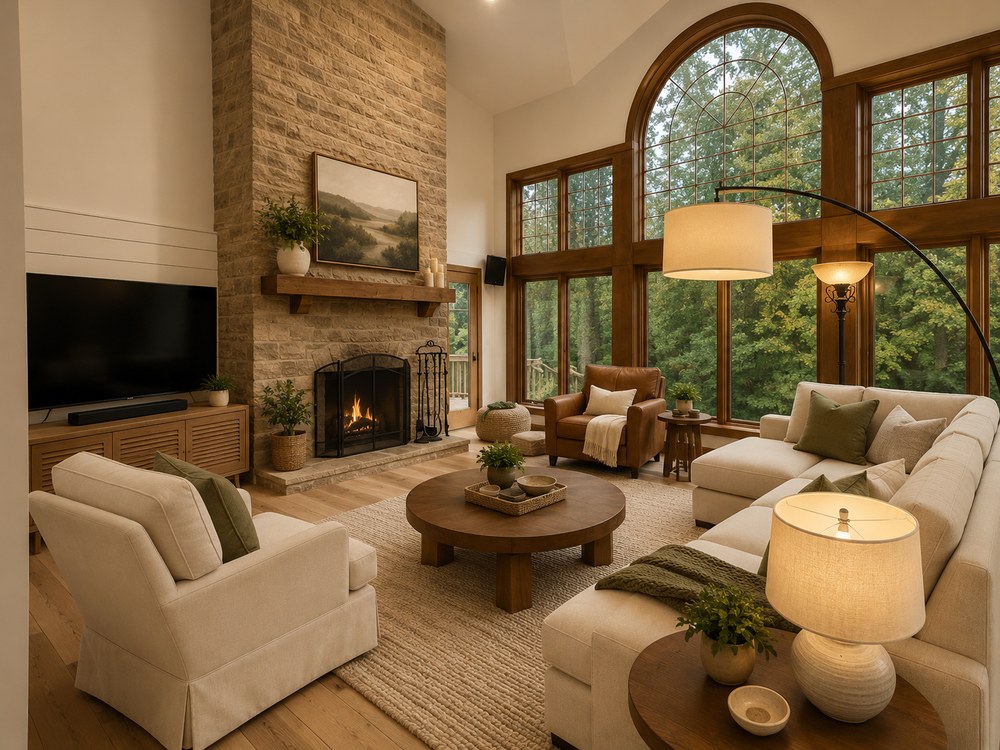 After: vaulted great room with a cream sectional, leather armchair, and round wood coffee table in front of the stone fireplace