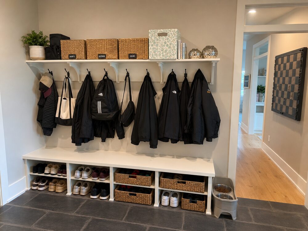 After: mudroom bench organized with matching baskets and labels
