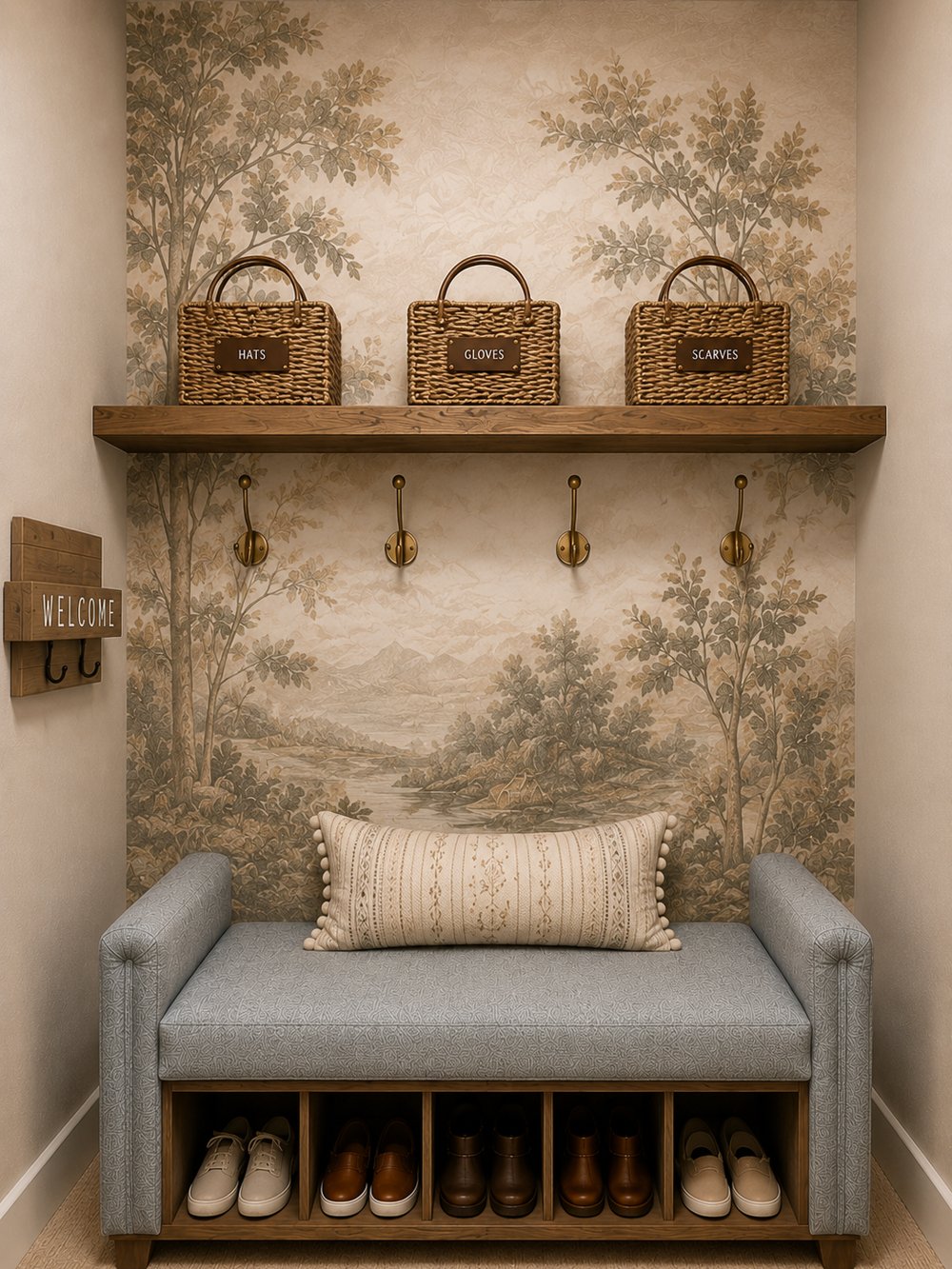 After: mudroom nook styled with floral wallpaper, a floating shelf, hooks, and woven baskets