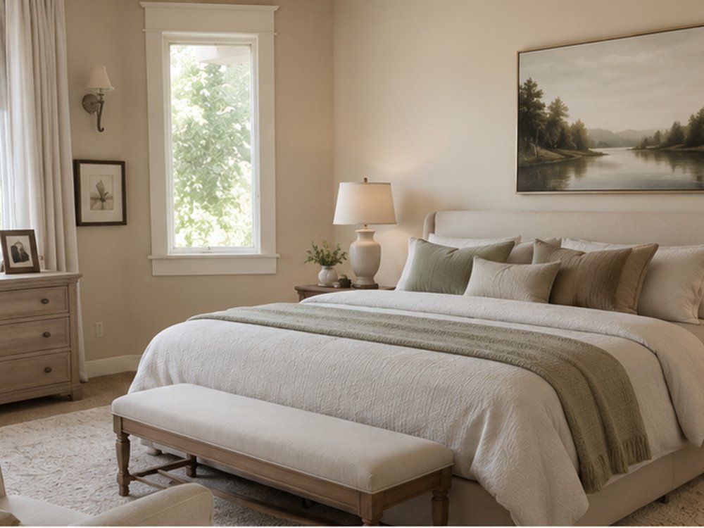 After: primary bedroom with an upholstered bed, new dresser, and foot-of-bed bench
