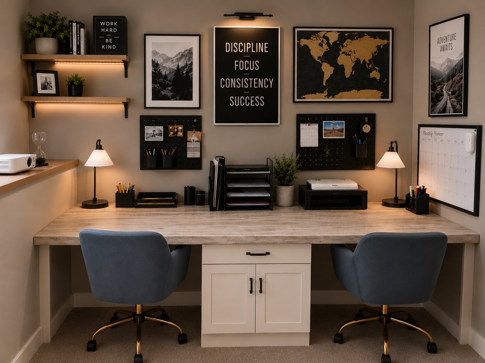 After: shared study desk with matching pegboards, framed prints, and floating shelves with LED strips